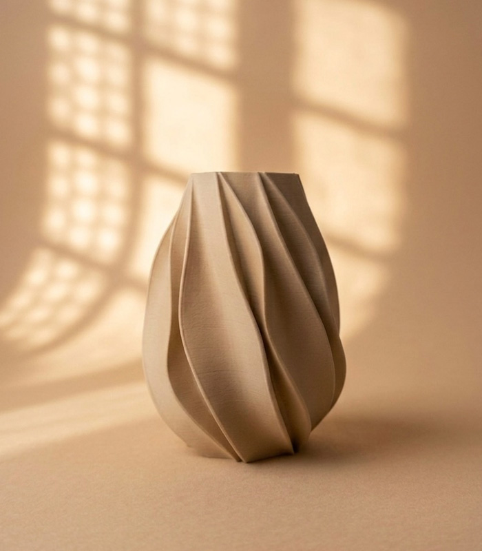 Modern decorative vase with layered texture and twisted silhouette