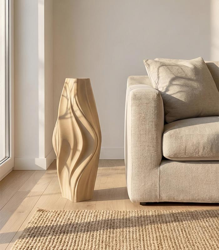 Japandi decorative vase with textured surface and organic silhouette
